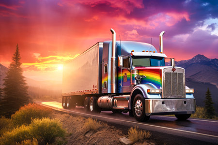 Truck on the road with a rainbow in the skyの素材