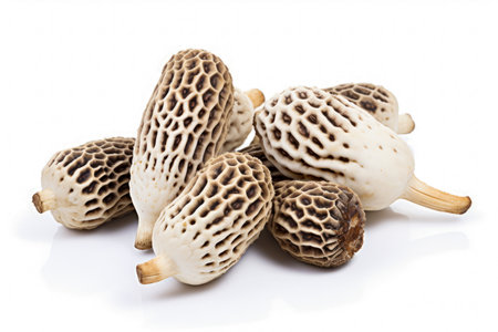 Fresh morel mushrooms on wooden background. Shallow dofの素材