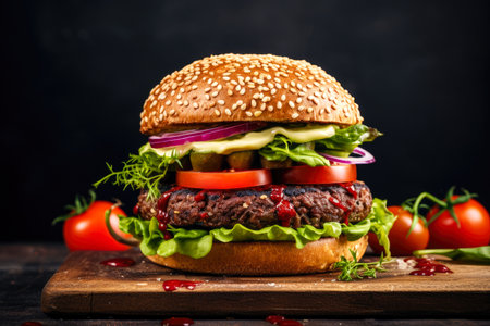 Delicious hamburger with fresh vegetables on black background, closeup.の素材