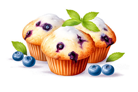 Cupcakes with blueberries and whipped cream.の素材