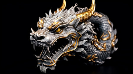 Dragon head on a black background, close-up, isolatedの素材