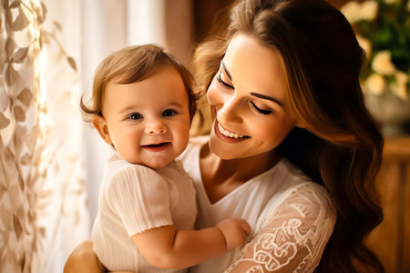 Mother and daughter in bed at home. mother's day conceptの素材