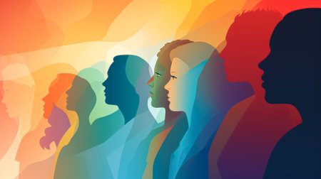 Group of people in profile. Abstract polygonal background.の素材
