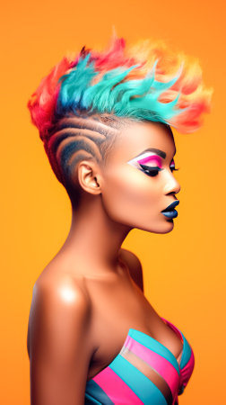 Beautiful african american woman with colorful hair on yellow background.の素材