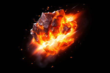 Burning meteorite isolated on black background.の素材