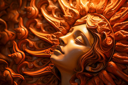Fantasy illustration of a woman with red hair and big sunの素材