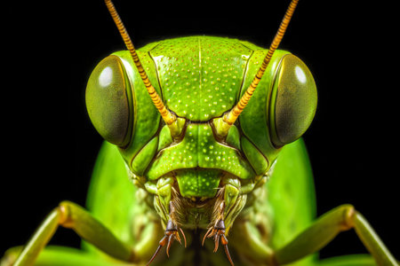 Close up of green grasshopper isolated on black background. Macro.の素材