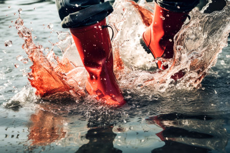 close-up of flying splashes from under shoes.の素材