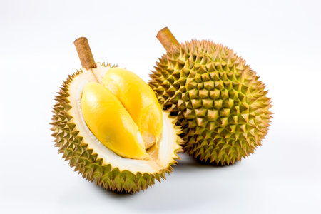 Fresh durian fruit isolated on white background, Durian King of fruits.の素材