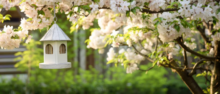 Beautiful spring garden with blooming apple tree and white birdhouse.の素材