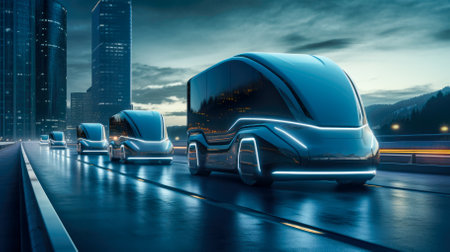 Blue bus on highway with motion blur. Transportation conceptの素材