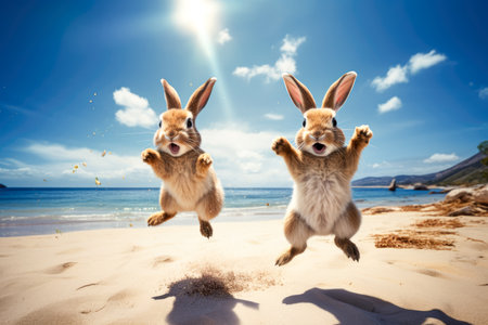 Two funny rabbits jumping on the beach.の素材