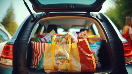 Open trunk of car with paper bags full of food and drinksの素材