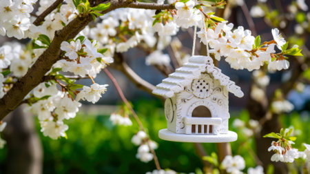 Beautiful spring garden with blooming apple tree and white birdhouse.の素材