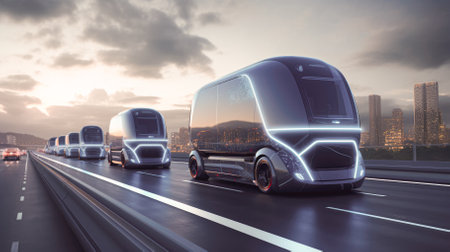 Blue bus on highway with motion blur. Transportation conceptの素材