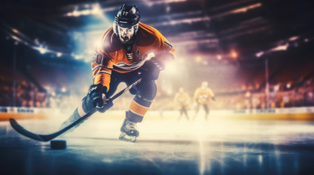 Ice hockey players on the ice in action, motion and actionの素材