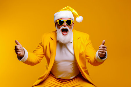 Portrait of happy senior man in Santa Claus hat and sunglasses on yellow backgroundの素材