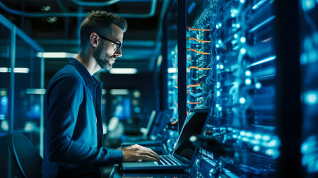 Handsome man in headphones working on laptop while sitting at office desk.の素材