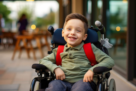 Portrait of a smiling little boy sitting in a wheelchair outdoorsの素材