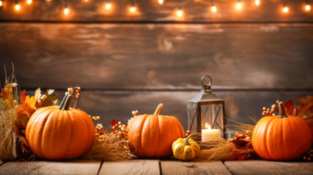 Halloween pumpkins and candles on wooden background with bokeh.の素材