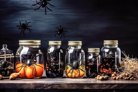 Halloween background with spiders. Spiders in the glass jarの素材