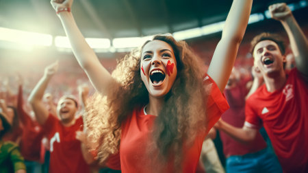 fan in a red t-shirt at the stadium.の素材