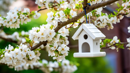 Beautiful spring garden with blooming apple tree and white birdhouse.の素材