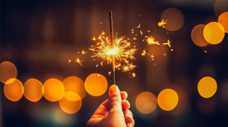 Woman hand holding sparkler on bokeh background. New Year and Christmas concept.の素材