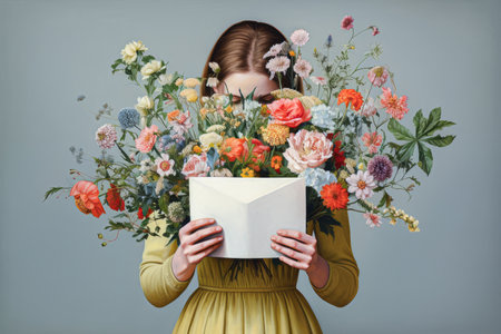 Young woman hiding behind a bouquet of flowers and reading a book.の素材
