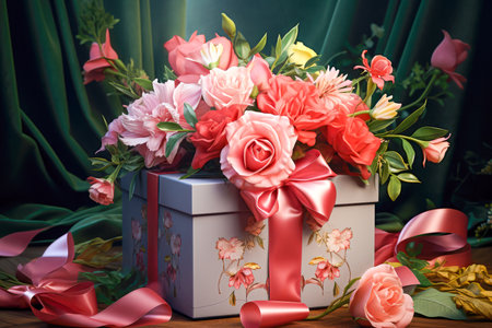 Gift box with pink roses on a dark background, close up.の素材
