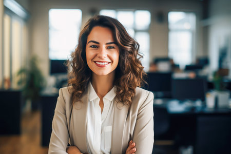 Portrait of a young businesswoman standing with arms crossed in office.の素材