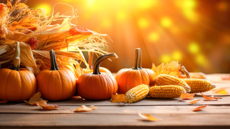 Autumn still life with pumpkins, corn and leaves on wooden background.の素材