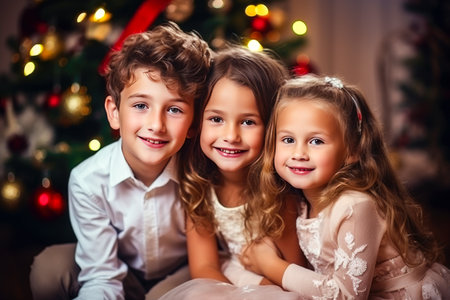 Portrait of three smiling children sitting near christmas tree at home.の素材
