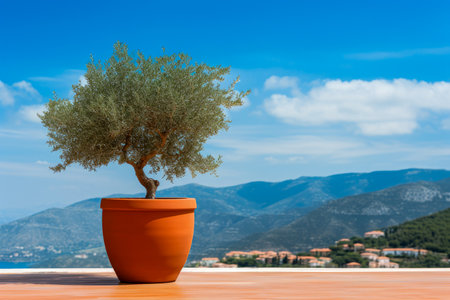 Olive tree in a pot on the terrace with mountains in the background.の素材