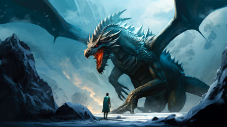 Fantasy scene with a knight and dragonの素材