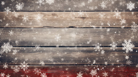 Christmas background with snowflakes and decorations on wooden planksの素材