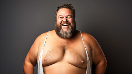 Portrait of a smiling fat man in a gray t-shirtの素材