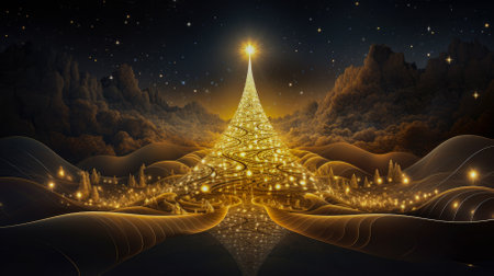 abstract golden christmas tree on black background with reflection.の素材