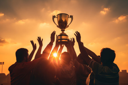 team at sunset holds the cup for victory.の素材