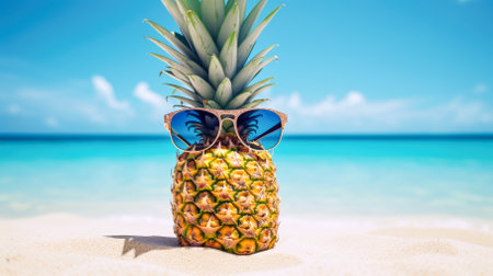 Pineapple with sunglasses on the beach. Vacation conceptの素材