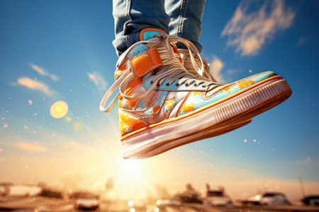 Close up of sneakers on the background of the road and the sky.の素材