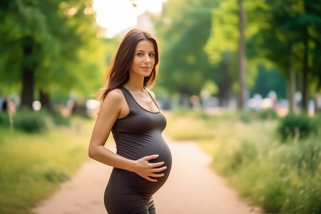 Beautiful pregnant woman in the park. Pregnancy and people conceptの素材