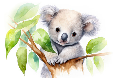 Cute koala sitting on the branch with eucalyptus leaves.の素材