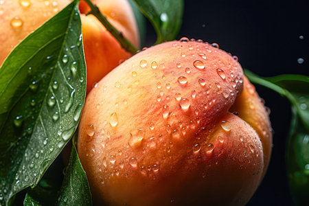 Fresh ripe apricots with water drops on a black backgroundの素材