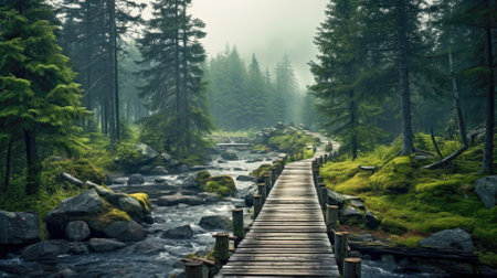 Wooden bridge on a mountain river in the misty morningの素材