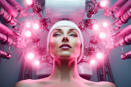 illustration of a female cyborg with led lights in the background.の写真素材