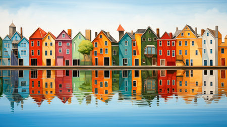 Colorful houses reflected in the water of a canal.の写真素材
