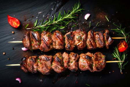 Grilled beef shish kebab on skewers with vegetables.の写真素材