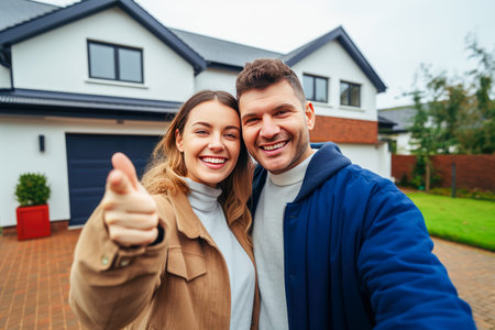 happy couple taking selfie and showing thumbs up in front of new house.の写真素材