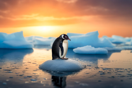 penguin on an ice floe at sunset.の写真素材